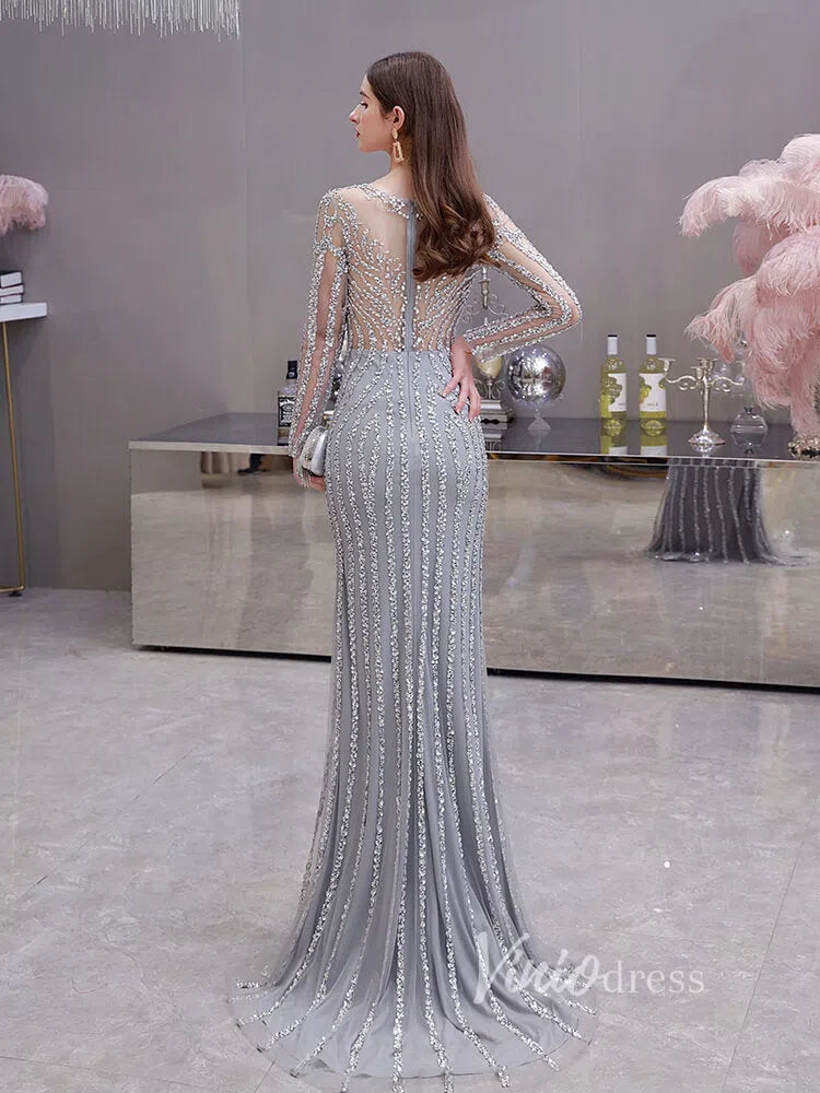 Long Sleeve Gold Beaded Prom Dresses 20s Party Dress FD1437-Evening Dresses 2025 -Viniodress-Gold-US 2-