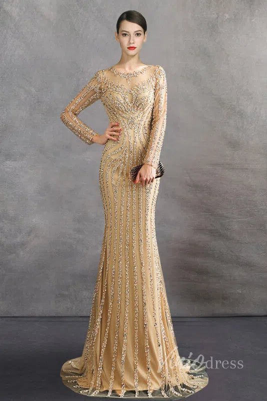 Long Sleeve Gold Beaded Prom Dresses 20s Party Dress FD1437-Evening Dresses 2025 -Viniodress-Gold-US 2-