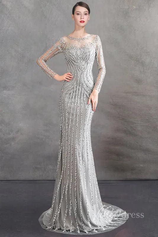 Long Sleeve Gold Beaded Prom Dresses 20s Party Dress FD1437-Evening Dresses 2025 -Viniodress-Gold-US 2-