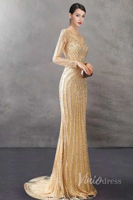 Long Sleeve Gold Beaded Prom Dresses 20s Party Dress FD1437-Evening Dresses 2025 -Viniodress-Gold-US 2-
