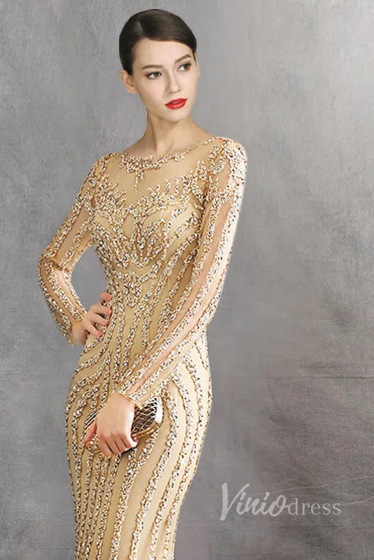 Long Sleeve Gold Beaded Prom Dresses 20s Party Dress FD1437-Evening Dresses 2025 -Viniodress-Gold-US 2-