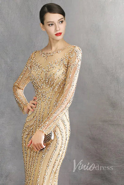 Long Sleeve Gold Beaded Prom Dresses 20s Party Dress FD1437-Evening Dresses 2025 -Viniodress-Gold-US 2-