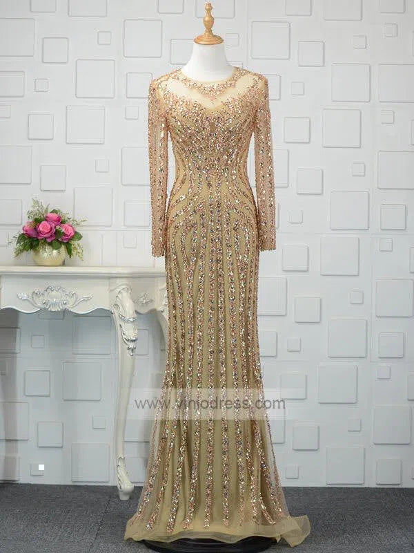 Long Sleeve Gold Beaded Prom Dresses 20s Party Dress FD1437-Evening Dresses 2025 -Viniodress-Gold-US 2-