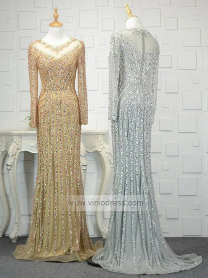Long Sleeve Gold Beaded Prom Dresses 20s Party Dress FD1437-Evening Dresses 2025 -Viniodress-Gold-US 2-