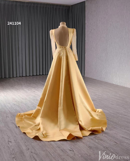 Long Sleeve Gold Formal Dresses Overskirt Wedding Dress with slit Open Back 241104-Pageant Dress 2025 -Viniodress-Gold-Custom Size-