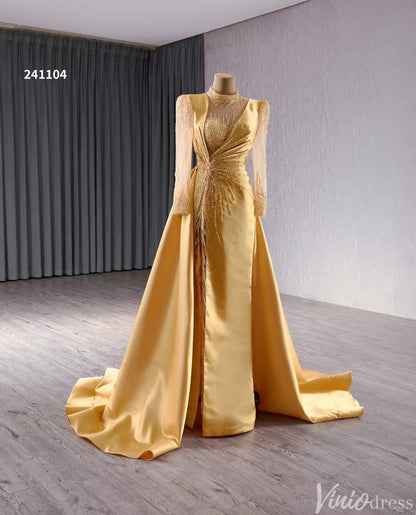 Long Sleeve Gold Formal Dresses Overskirt Wedding Dress with slit Open Back 241104-Pageant Dress 2025 -Viniodress-Gold-Custom Size-
