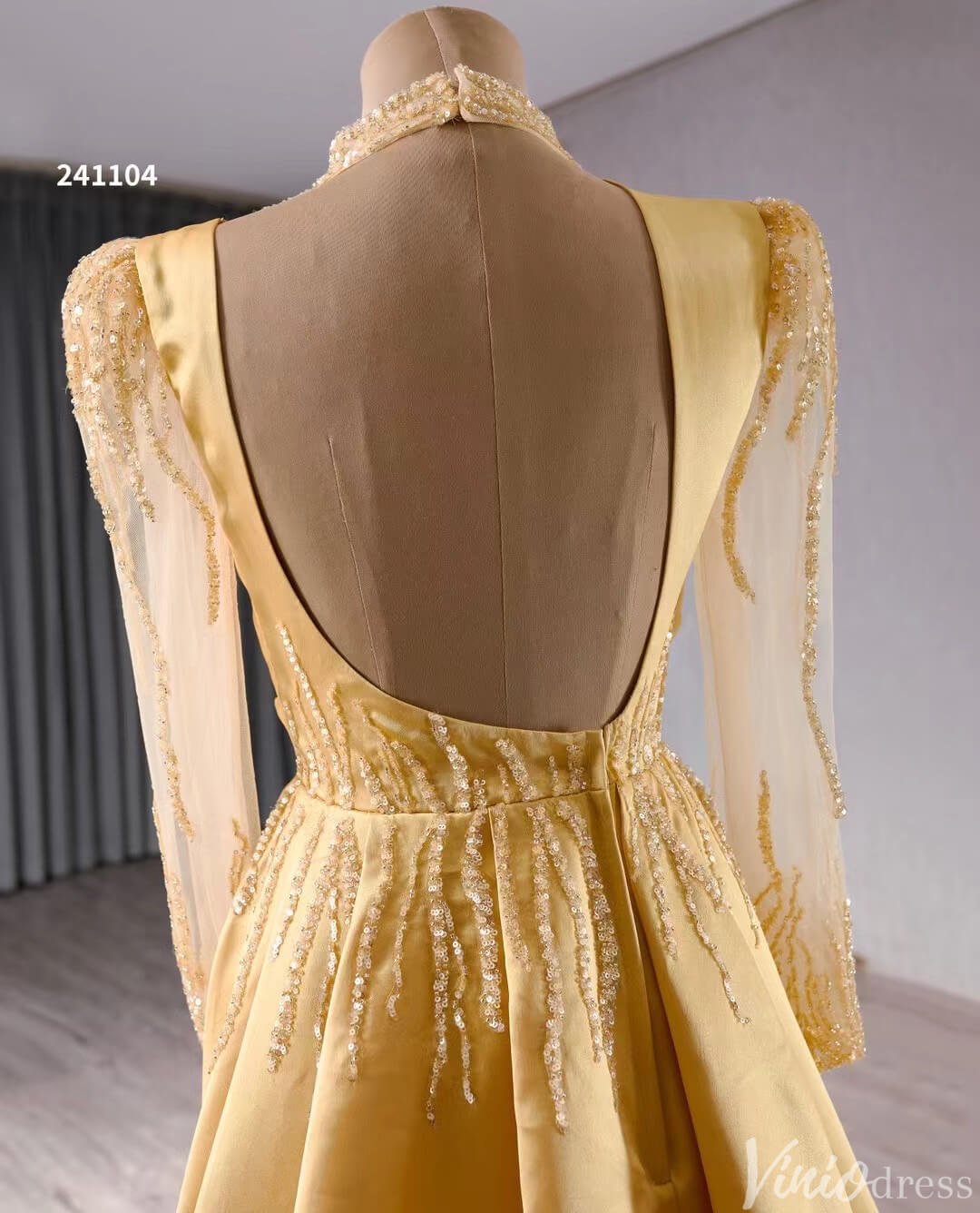 Long Sleeve Gold Formal Dresses Overskirt Wedding Dress with slit Open Back 241104-Pageant Dress 2025 -Viniodress-Gold-Custom Size-