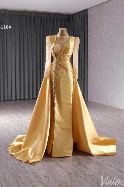 Long Sleeve Gold Formal Dresses Overskirt Wedding Dress with slit Open Back 241104-Pageant Dress 2025 -Viniodress-Gold-Custom Size-