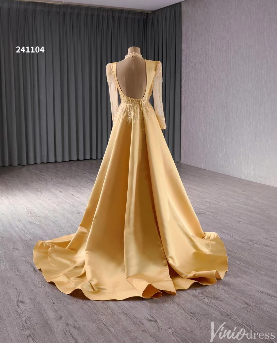 Long Sleeve Gold Formal Dresses Overskirt Wedding Dress with slit Open Back 241104-Prom Dresses-Viniodress-Viniodress