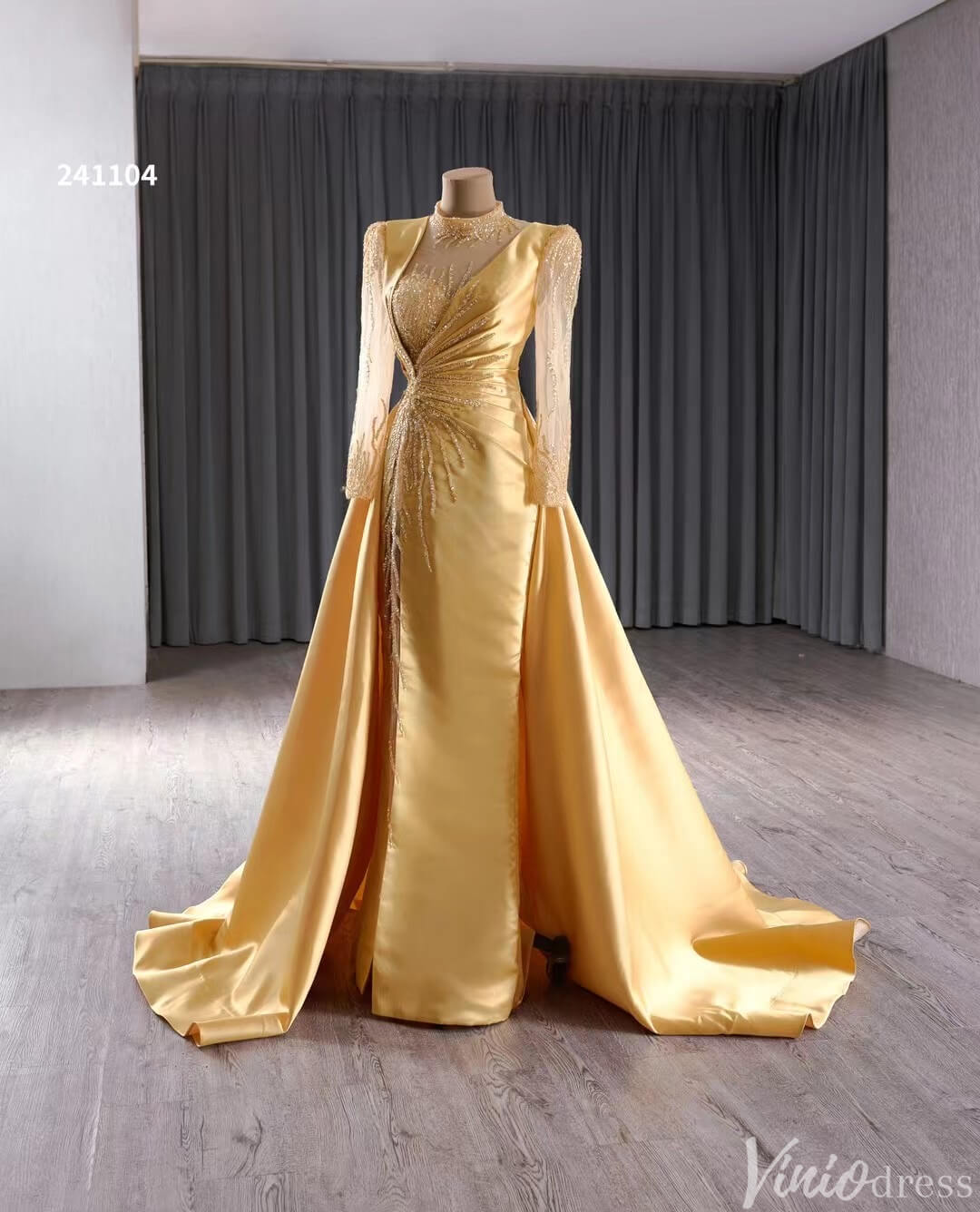 Long Sleeve Gold Formal Dresses Overskirt Wedding Dress with slit Open Back 241104-Prom Dresses-Viniodress-Viniodress