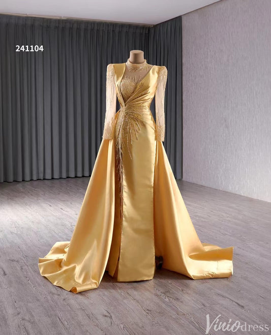 Long Sleeve Gold Formal Dresses Overskirt Wedding Dress with slit Open Back 241104 - ViniodressProm DressesGoldCustom Size - Formal Dresses - Ball Gowns