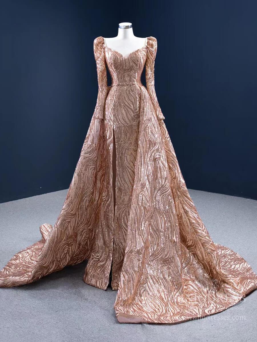 Long Sleeve Gold Prom Dress Luxury Sequin Ball Gown 67208 viniodress-prom dresses 2025 -Viniodress-Gold-Custom Size-