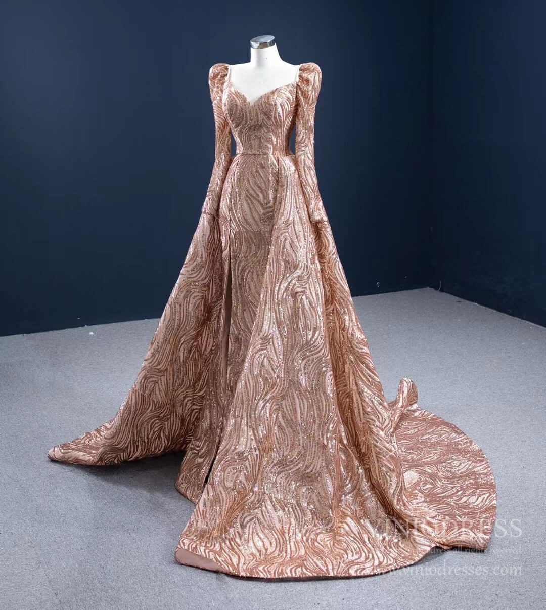 Long Sleeve Gold Prom Dress Luxury Sequin Ball Gown 67208 viniodress-prom dresses 2025 -Viniodress-Gold-Custom Size-