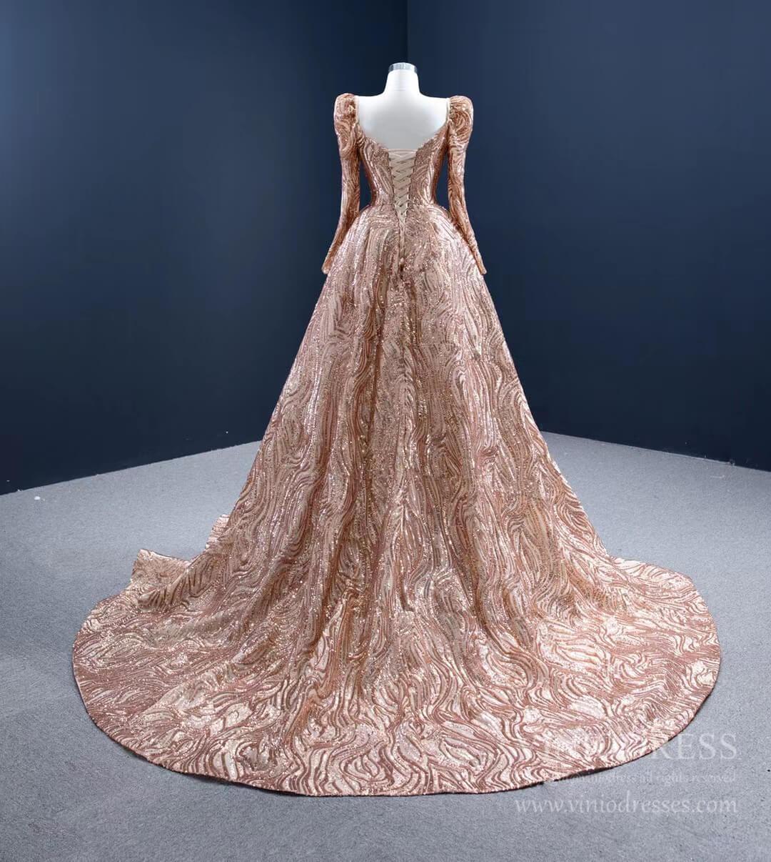 Long Sleeve Gold Prom Dress Luxury Sequin Ball Gown 67208 viniodress-prom dresses 2025 -Viniodress-Gold-Custom Size-