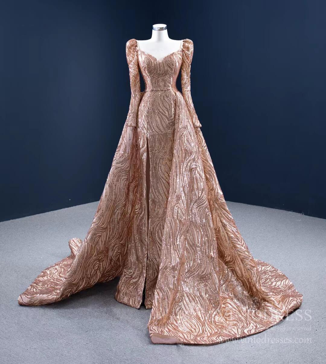 Long Sleeve Gold Prom Dress Luxury Sequin Ball Gown 67208 viniodress-prom dresses 2025 -Viniodress-Gold-Custom Size-