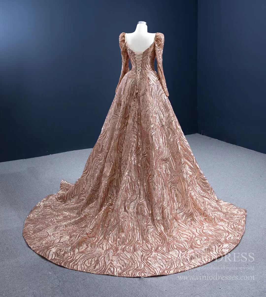 Long Sleeve Gold Prom Dress Luxury Sequin Ball Gown 67208 viniodress-prom dresses 2025 -Viniodress-Gold-Custom Size-