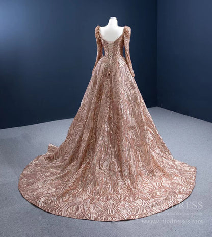 Long Sleeve Gold Prom Dress Luxury Sequin Ball Gown 67208 viniodress-prom dresses 2025 -Viniodress-Gold-Custom Size-