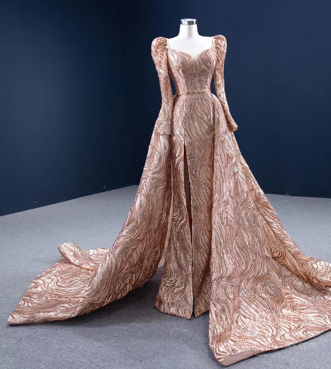 Long Sleeve Gold Prom Dress Luxury Sequin Ball Gown 67208 viniodress-prom dresses 2025 -Viniodress-Gold-Custom Size-