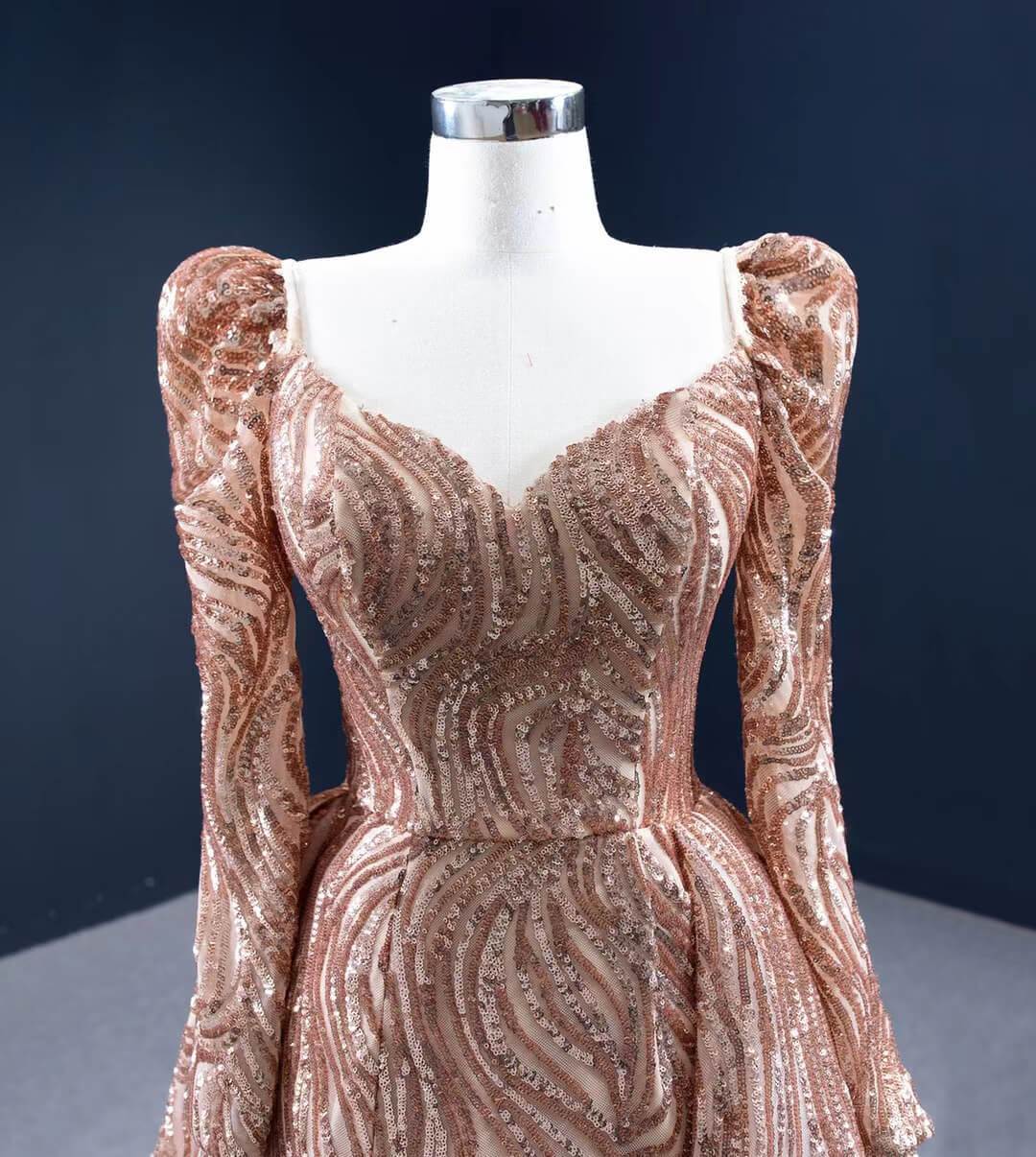 Long Sleeve Gold Prom Dress Luxury Sequin Ball Gown 67208 viniodress-prom dresses 2025 -Viniodress-Gold-Custom Size-