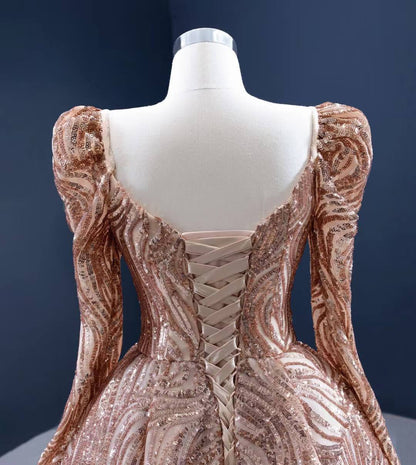 Long Sleeve Gold Prom Dress Luxury Sequin Ball Gown 67208 viniodress-prom dresses 2025 -Viniodress-Gold-Custom Size-