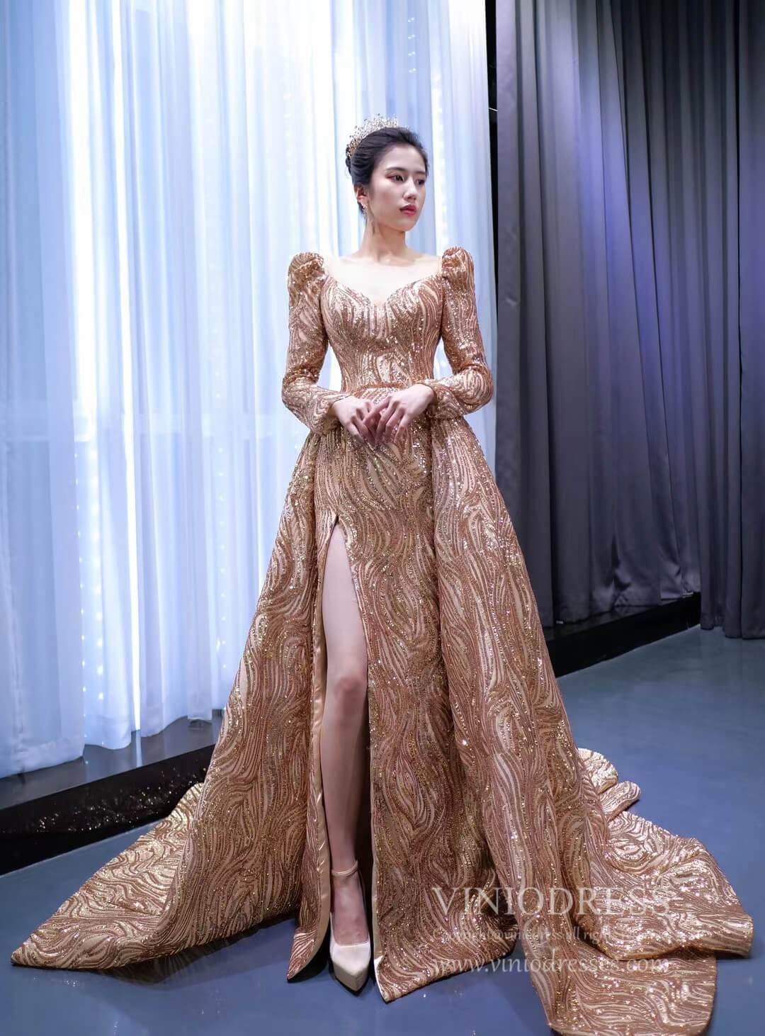 Long Sleeve Gold Prom Dress Luxury Sequin Ball Gown 67208 viniodress-prom dresses 2025 -Viniodress-Gold-Custom Size-