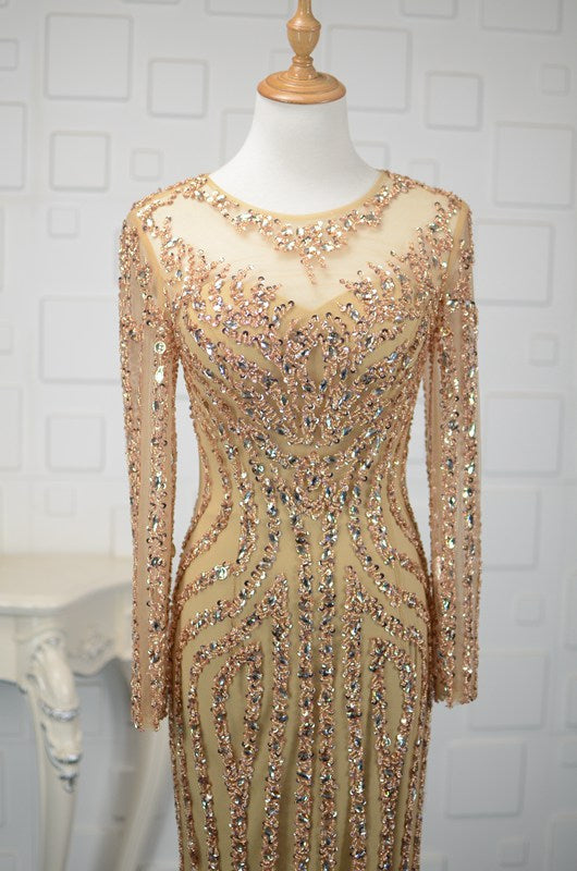 Long Sleeve Gold Prom Dresses 1920s Vintage Evening Dress FD1441-Evening Dresses 2025 -Viniodress-Gold-Custom Size-