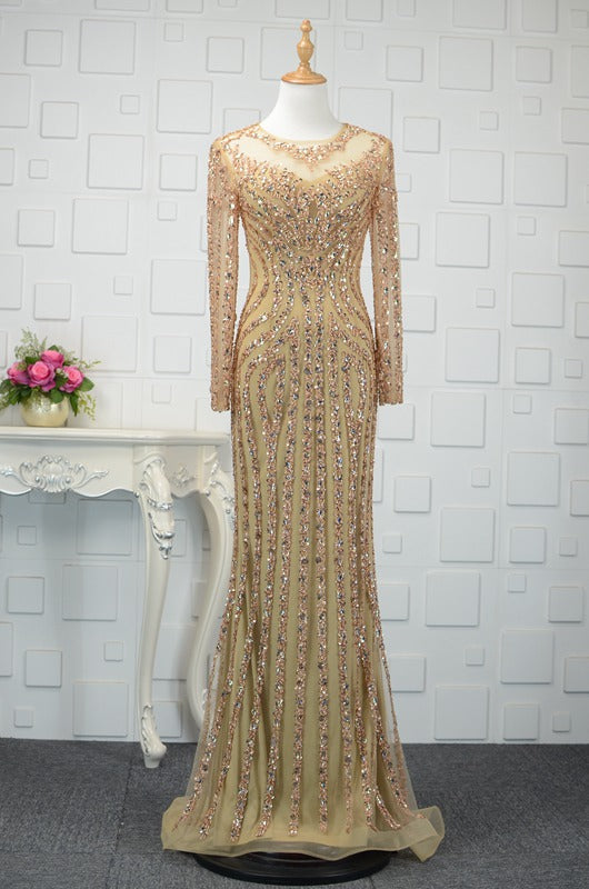 Long Sleeve Gold Prom Dresses 1920s Vintage Evening Dress FD1441-Evening Dresses 2025 -Viniodress-Gold-Custom Size-