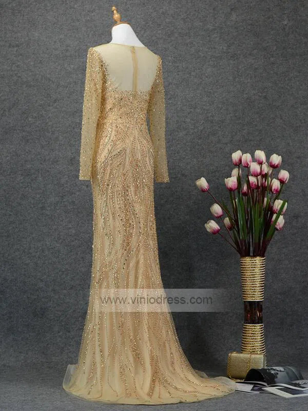 Long Sleeve Gold Prom Dresses Sparkling Pageant Dress FD1441-prom dresses-Viniodress-Viniodress