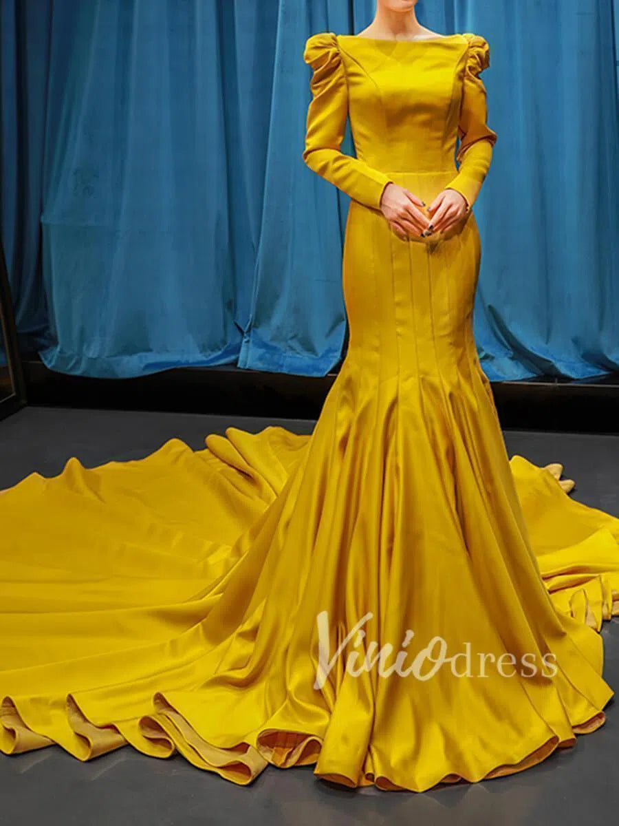 Prom Dress 2025 Long Sleeve Gold Satin Pageant Dress Mermaid Prom Dresses FD1415 viniodress-unique prom dresses-Gold-Custom Size-Viniodress