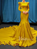 Long Sleeve Gold Satin Pageant Dress Mermaid Prom Dresses FD1415 viniodress-prom dresses-Viniodress-Viniodress