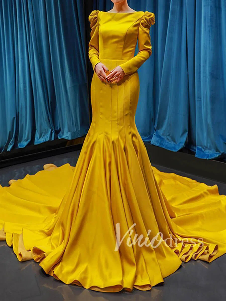 Prom Dress 2025 Long Sleeve Gold Satin Pageant Dress Mermaid Prom Dresses FD1415 viniodress-unique prom dresses-Gold-Custom Size-Viniodress