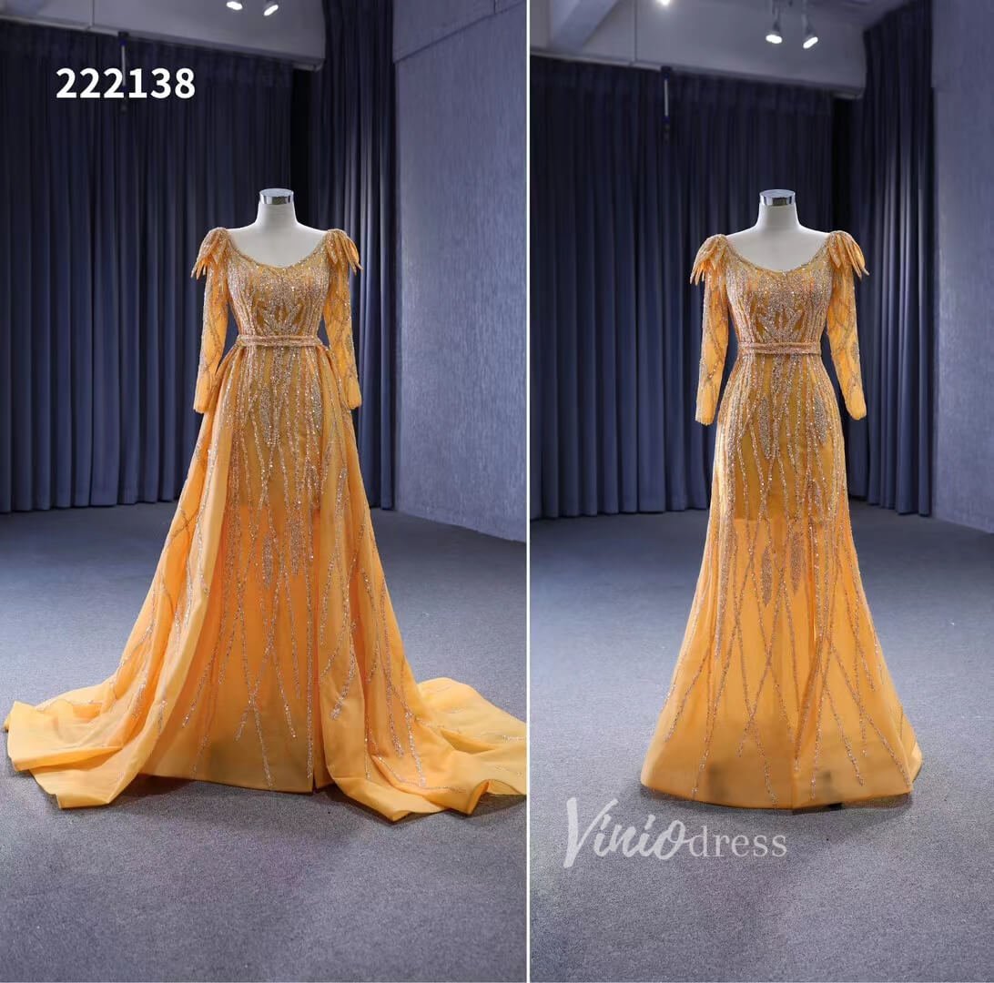 Long Sleeve Gold Wedding Dresses Removable Overskirt Pageant Dress 222138-Evening Dresses 2025 -Viniodress-Gold-Custom Size-