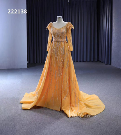 Long Sleeve Gold Wedding Dresses Removable Overskirt Pageant Dress 222138-Evening Dresses 2025 -Viniodress-Gold-Custom Size-