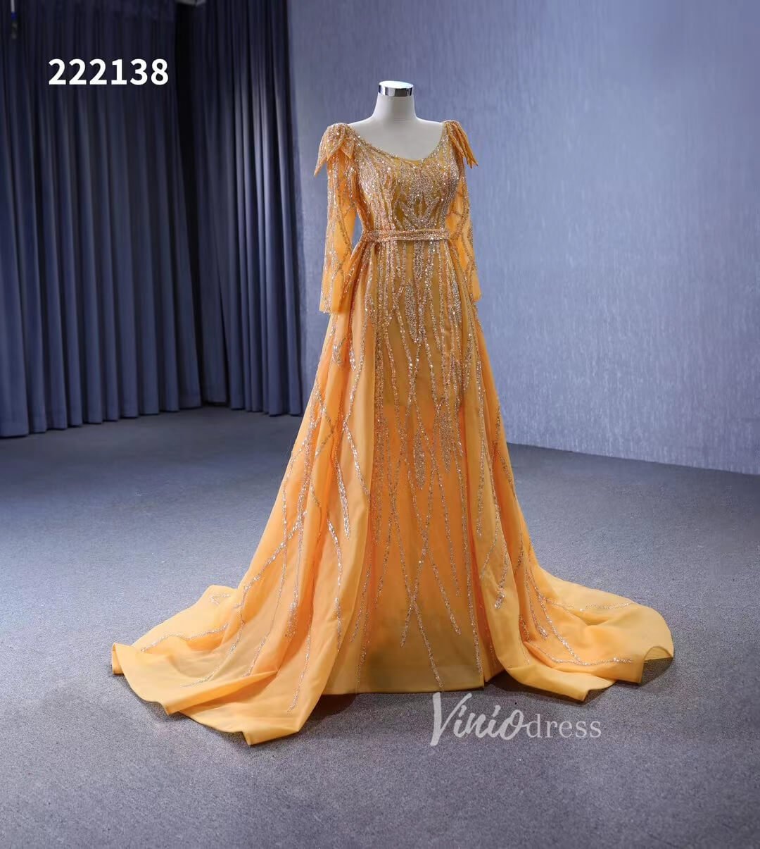 Long Sleeve Gold Wedding Dresses Removable Overskirt Pageant Dress 222138-Evening Dresses 2025 -Viniodress-Gold-Custom Size-