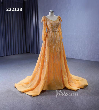 Long Sleeve Gold Wedding Dresses Removable Overskirt Pageant Dress 222138-Evening Dresses 2025 -Viniodress-Gold-Custom Size-