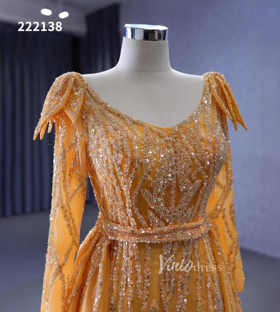 Long Sleeve Gold Wedding Dresses Removable Overskirt Pageant Dress 222138-Evening Dresses 2025 -Viniodress-Gold-Custom Size-