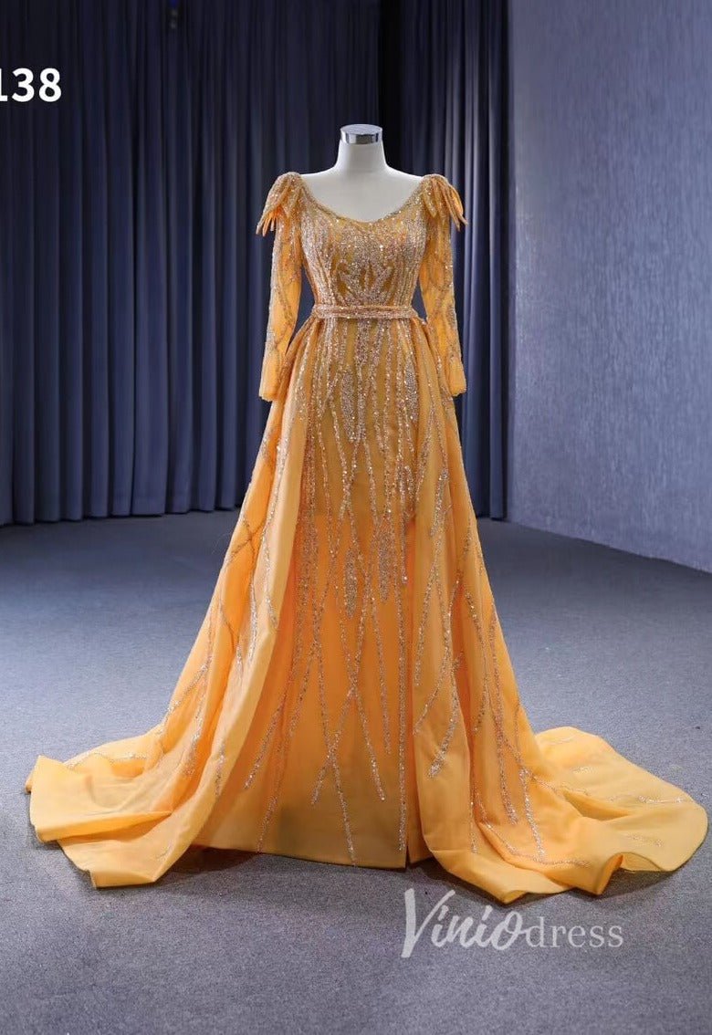 Long Sleeve Gold Wedding Dresses Removable Overskirt Pageant Dress 222138-Evening Dresses 2025 -Viniodress-Gold-Custom Size-