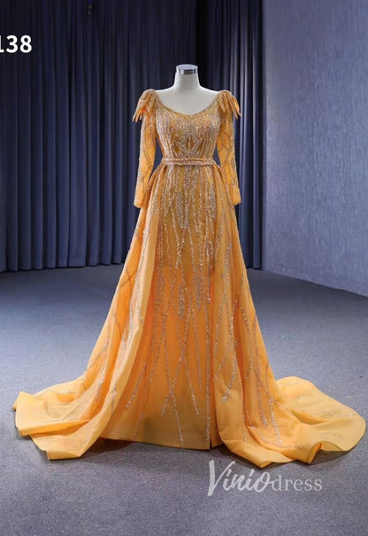 Long Sleeve Gold Wedding Dresses Removable Overskirt Pageant Dress 222138-Evening Dresses 2025 -Viniodress-Gold-Custom Size-