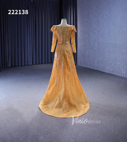 Long Sleeve Gold Wedding Dresses Removable Overskirt Pageant Dress 222138-Evening Dresses 2025 -Viniodress-Gold-Custom Size-