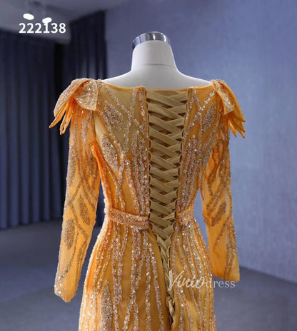 Long Sleeve Gold Wedding Dresses Removable Overskirt Pageant Dress 222138-Evening Dresses 2025 -Viniodress-Gold-Custom Size-