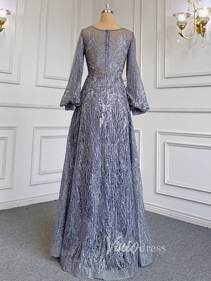 Long Sleeve Gray Lace Mother of the Bride Dresses 20005-Evening Dresses 2025 -Viniodress-As Picture-US 2-