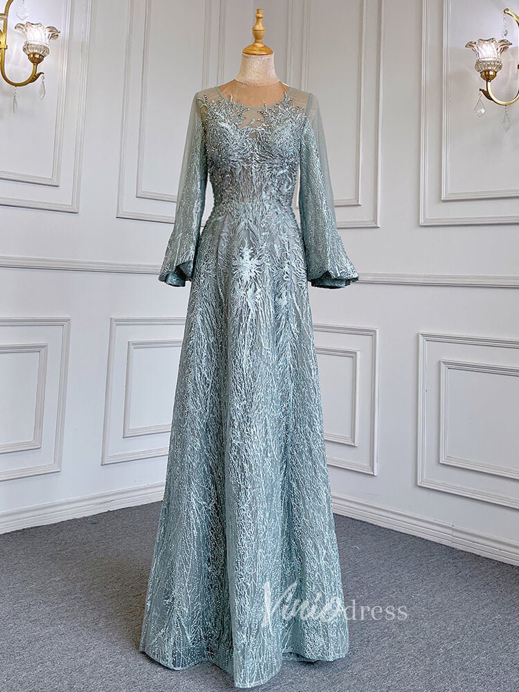 Long Sleeve Gray Lace Mother of the Bride Dresses 20005-Evening Dresses 2025 -Viniodress-Green-US 2-
