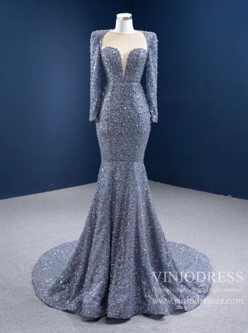 Long Sleeve Gray Mermaid Beaded Prom Dresses with Court Train FD2597 viniodress-prom dresses 2025 -Viniodress-Grey-Custom Size-