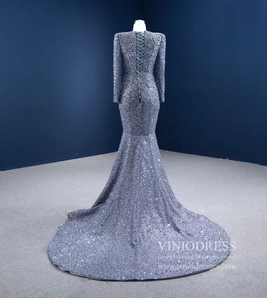 Long Sleeve Gray Mermaid Beaded Prom Dresses with Court Train FD2597 viniodress-prom dresses 2025 -Viniodress-Grey-Custom Size-
