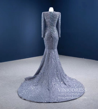 Long Sleeve Gray Mermaid Beaded Prom Dresses with Court Train FD2597 viniodress-prom dresses 2025 -Viniodress-Grey-Custom Size-