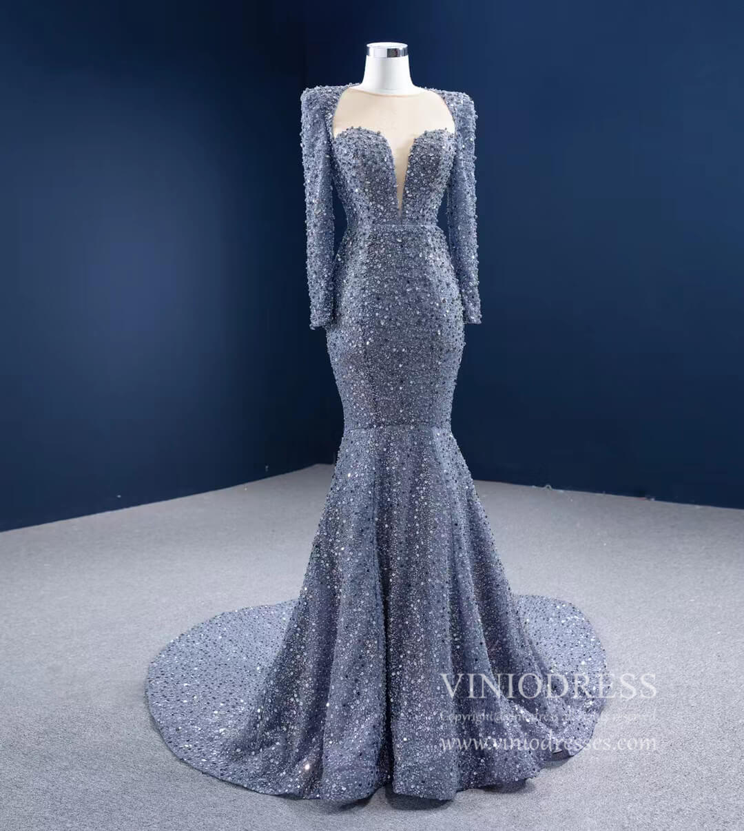 Long Sleeve Gray Mermaid Beaded Prom Dresses with Court Train FD2597 viniodress-prom dresses 2025 -Viniodress-Grey-Custom Size-