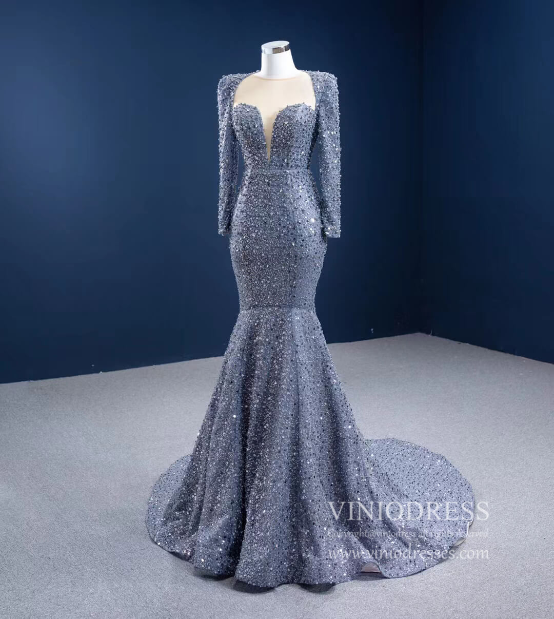 Long Sleeve Gray Mermaid Beaded Prom Dresses with Court Train FD2597 viniodress-prom dresses 2025 -Viniodress-Grey-Custom Size-