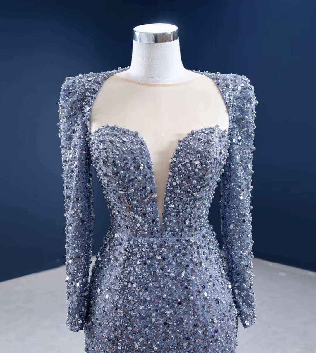 Long Sleeve Gray Mermaid Beaded Prom Dresses with Court Train FD2597 viniodress-prom dresses 2025 -Viniodress-Grey-Custom Size-