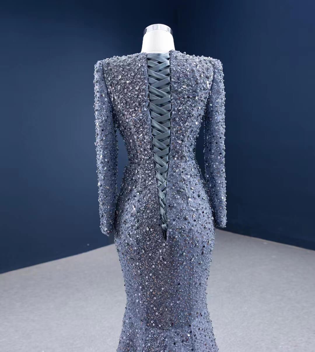 Long Sleeve Gray Mermaid Beaded Prom Dresses with Court Train FD2597 viniodress-prom dresses 2025 -Viniodress-Grey-Custom Size-
