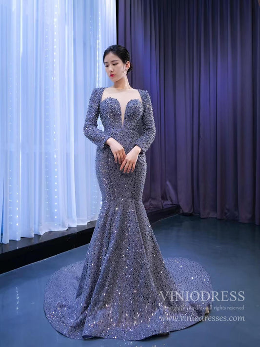Long Sleeve Gray Mermaid Beaded Prom Dresses with Court Train FD2597 viniodress-prom dresses 2025 -Viniodress-Grey-Custom Size-